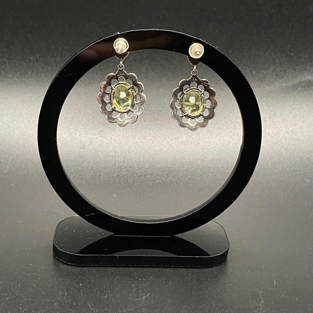 Sterling Silver Earrings Green Stone Marcasite Drop 1.125" - Picture 3 of 10